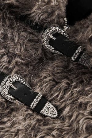 Concert Outfit Metal leather button Faux Fur Jacket