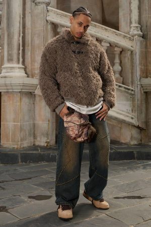 Concert Outfit Metal leather button Faux Fur Jacket