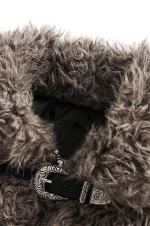 Concert Outfit Metal leather button Faux Fur Jacket