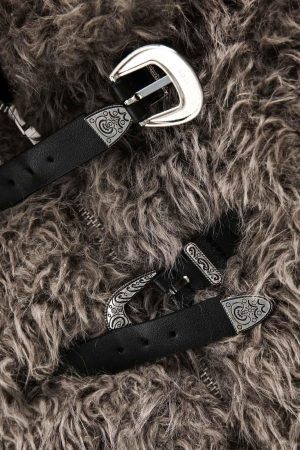 Concert Outfit Metal leather button Faux Fur Jacket