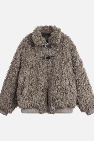 Concert Outfit Metal leather button Faux Fur Jacket