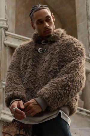 Concert Outfit Metal leather button Faux Fur Jacket