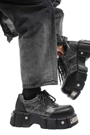 Concert Outfit Metal Plate Chunky Leather Shoes