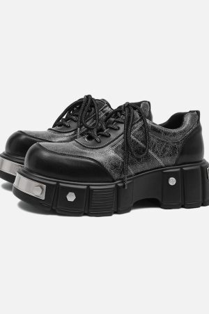Concert Outfit Metal Plate Chunky Leather Shoes
