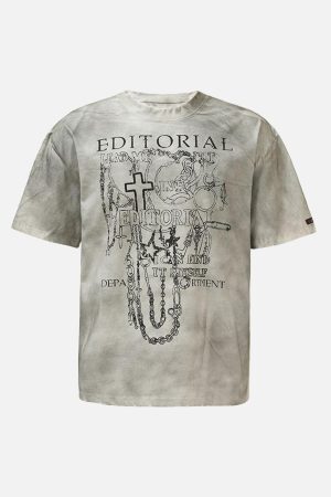 Concert Outfit Mud-Dyed Dirty Spray Cross Print Street Rap T-Shirt