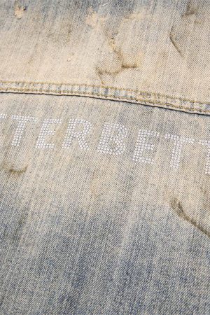 Concert Outfit Mud-Dyed Distressed Rhinestone Denim Jacket