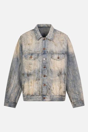 Concert Outfit Mud-Dyed Distressed Rhinestone Denim Jacket