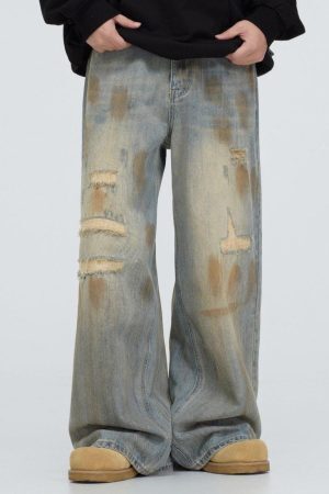 Concert Outfit Mud Dyeing Distressed Vintage Fade Jeans