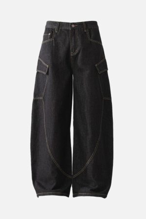 Concert Outfit Multi-Pocket Deconstructed Washed Barrel Cargo Jeans