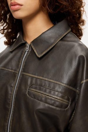 Concert Outfit Multi Pocket Faux Leather Cropped Jacket