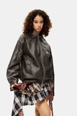 Concert Outfit Multi Pocket Faux Leather Cropped Jacket