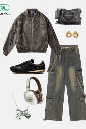 Concert Outfit Multi Pocket Faux Leather Cropped Jacket