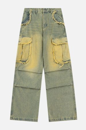Concert Outfit Multi Pocket Fringe Washed Jeans