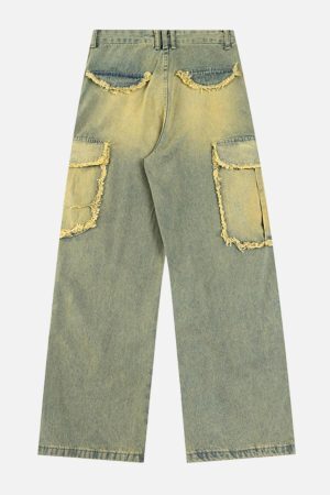 Concert Outfit Multi Pocket Fringe Washed Jeans