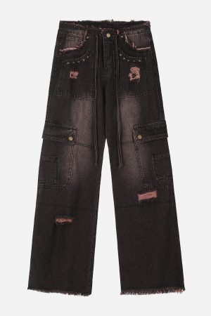 Concert Outfit Multi-Pocket Ribbon Raw Edge Jeans