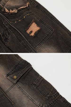 Concert Outfit Multi-Pocket Ribbon Raw Edge Jeans