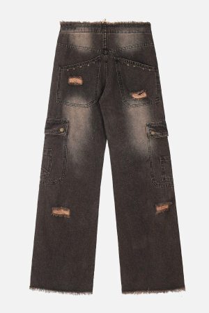 Concert Outfit Multi-Pocket Ribbon Raw Edge Jeans