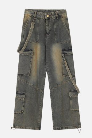 Concert Outfit Multi Pocket Washed Loose Jeans