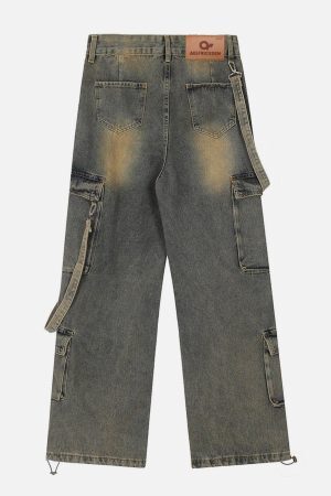 Concert Outfit Multi Pocket Washed Loose Jeans