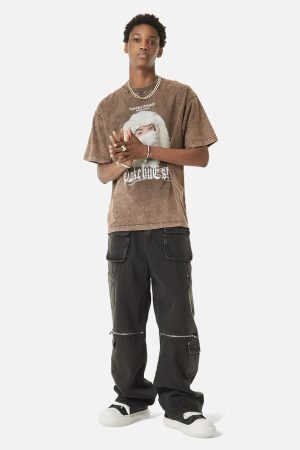 Concert Outfit Multi-Pocket Zipper Design Washed Hip-Hop Jeans