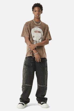 Concert Outfit Multi-Pocket Zipper Design Washed Hip-Hop Jeans