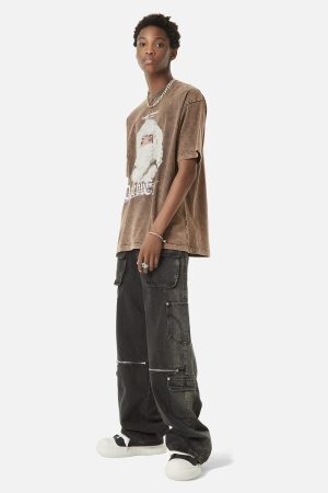 Concert Outfit Multi-Pocket Zipper Design Washed Hip-Hop Jeans