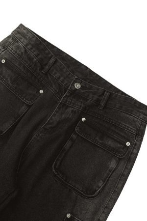 Concert Outfit Multi-Pocket Zipper Design Washed Hip-Hop Jeans