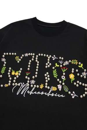 Concert Outfit Oversized Embroidered Floral Letter T-Shirt