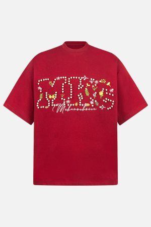 Concert Outfit Oversized Embroidered Floral Letter T-Shirt