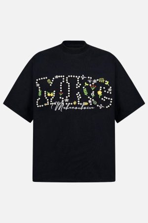 Concert Outfit Oversized Embroidered Floral Letter T-Shirt