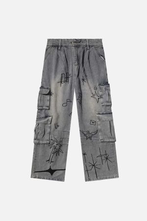 Concert Outfit Painted Washed Multi-Pocket Cargo Jeans