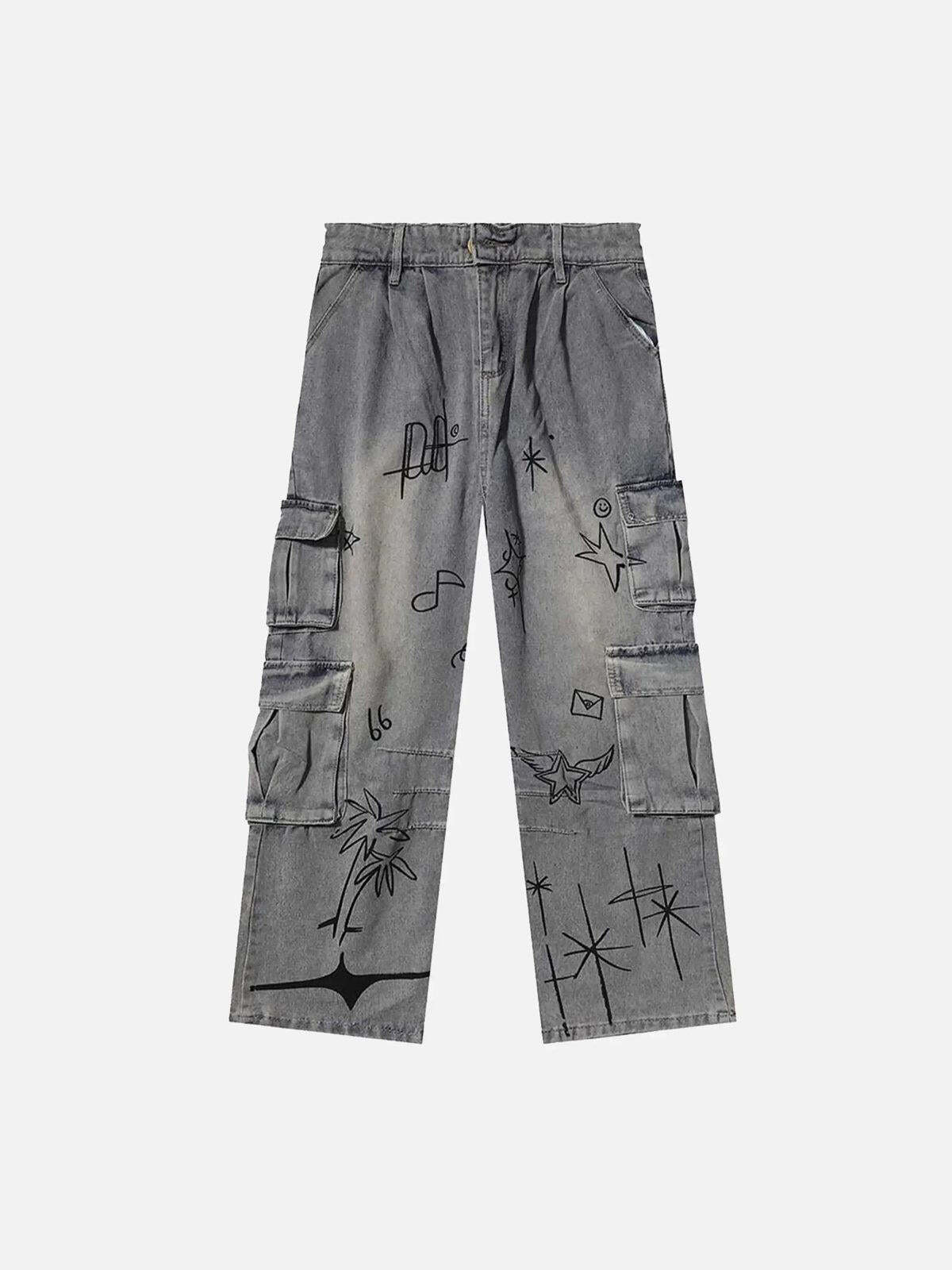 Concert Outfit Painted Washed Multi-Pocket Cargo Jeans Concert Outfit Painted Washed Multi-Pocket Cargo Jeans