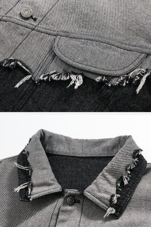 Concert Outfit Paneled Color Contrast Ripped Denim Jacket