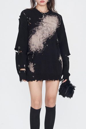 Concert Outfit Paperclip Broken Design Knit Sweater