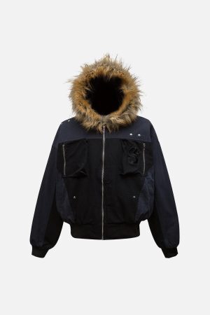 Concert Outfit Patchwork Embroidered Fur Hooded Jacket