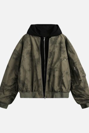 Concert Outfit Patchwork Faux Two-Piece Gradient Hooded Bomber Jacket