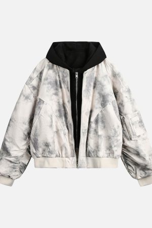 Concert Outfit Patchwork Faux Two-Piece Gradient Hooded Bomber Jacket