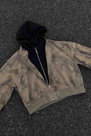 Concert Outfit Patchwork Faux Two-Piece Gradient Hooded Bomber Jacket