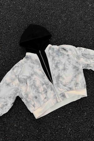Concert Outfit Patchwork Faux Two-Piece Gradient Hooded Bomber Jacket