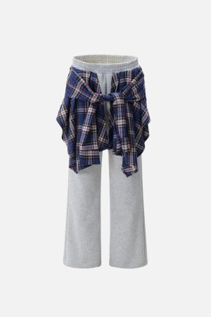 Concert Outfit Patchwork Plaid Fake Two-Piece Sweatpants