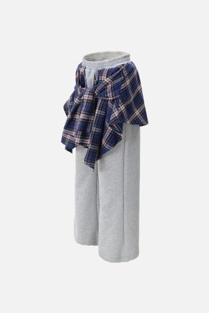 Concert Outfit Patchwork Plaid Fake Two-Piece Sweatpants