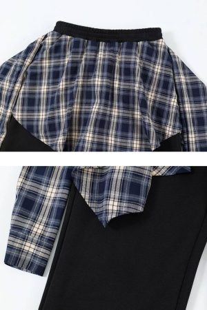 Concert Outfit Patchwork Plaid Fake Two-Piece Sweatpants