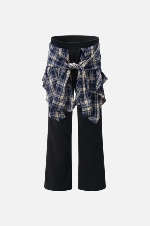 Concert Outfit Patchwork Plaid Fake Two-Piece Sweatpants