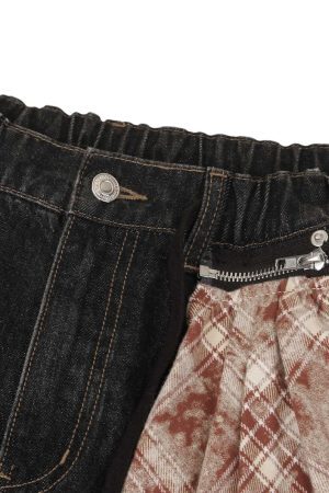 Concert Outfit Patchwork Plaid Pleated Baggy Barrel Jeans