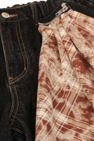 Concert Outfit Patchwork Plaid Pleated Baggy Barrel Jeans