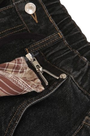 Concert Outfit Patchwork Plaid Pleated Baggy Barrel Jeans