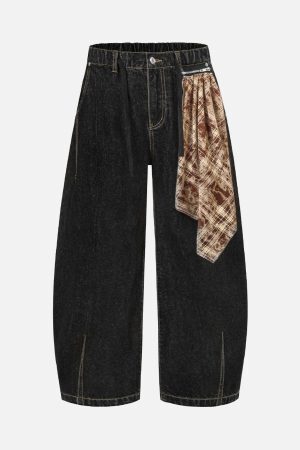 Concert Outfit Patchwork Plaid Pleated Baggy Barrel Jeans