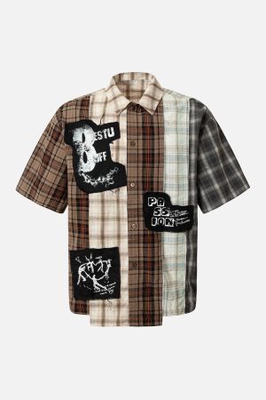 Concert Outfit Patchwork Plaid Short-Sleeve Shirt