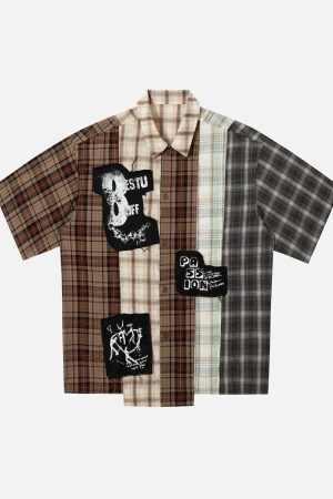 Concert Outfit Patchwork Plaid Short-Sleeve Shirt