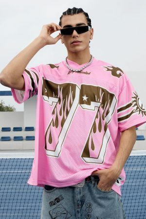 Concert Outfit Pink Flame Print Jersey T-Shirt